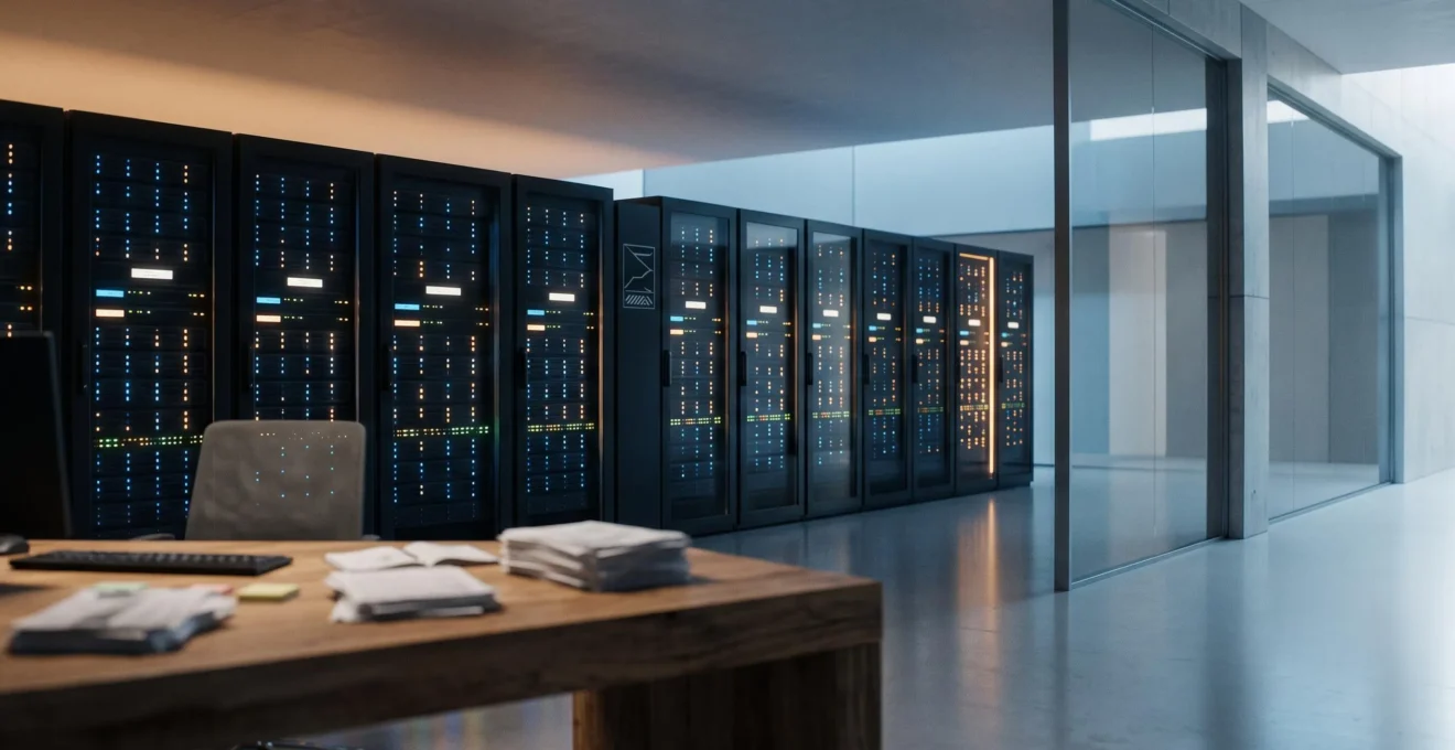 Vue d'ensemble symbolique d'une salle de supervision numérique où des flux de données automatisés sont contrôlés dans une entreprise