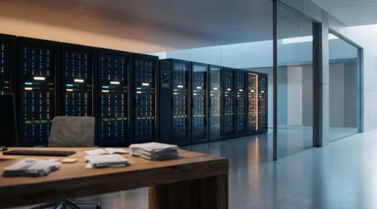 Vue d'ensemble symbolique d'une salle de supervision numérique où des flux de données automatisés sont contrôlés dans une entreprise