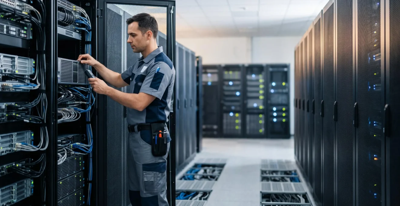 Technicien informatique inspectant calmement une baie de serveurs dans un centre de données lors d'une maintenance préventive planifiée
