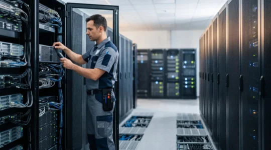 Technicien informatique inspectant calmement une baie de serveurs dans un centre de données lors d'une maintenance préventive planifiée