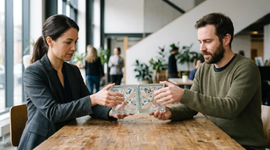 Deux professionnels assemblant des pieces translucides symbolisant la traduction d'un besoin metier en specifications IT
