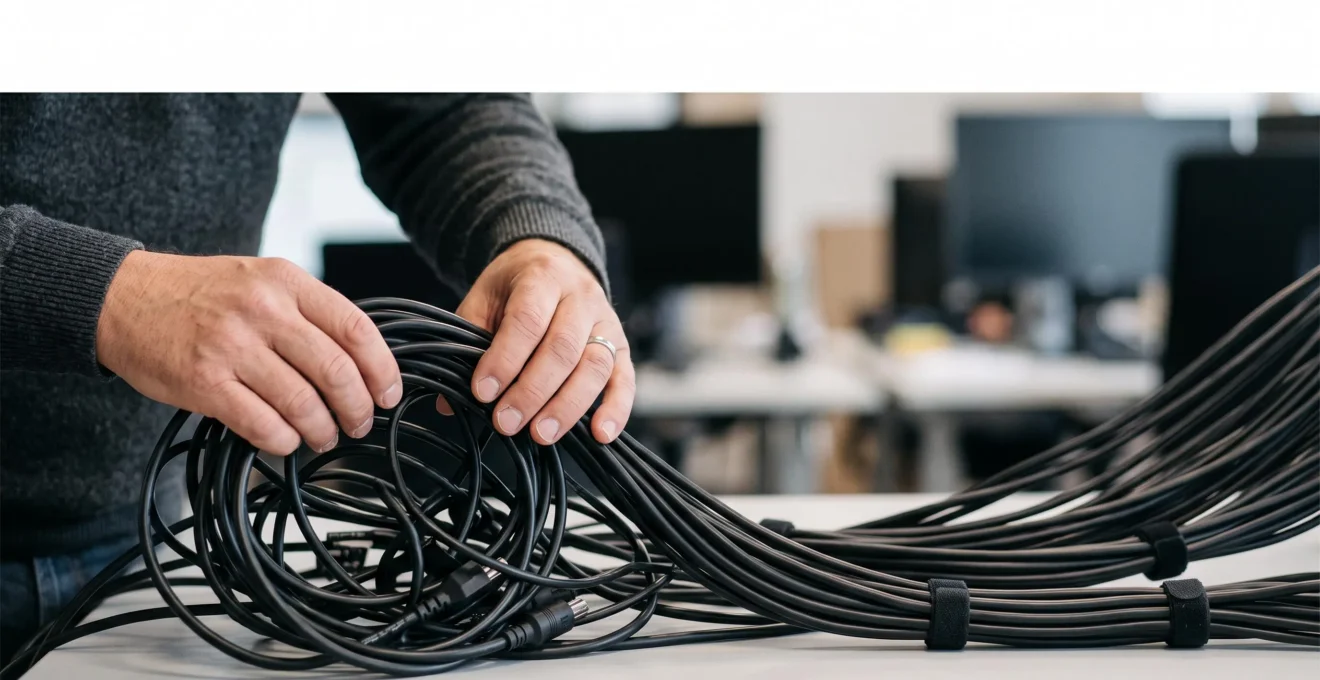 Mains de technicien organisant un enchevêtrement de câbles en un flux net et structuré, symbolisant la transformation d'un support informatique chaotique en un helpdesk efficace