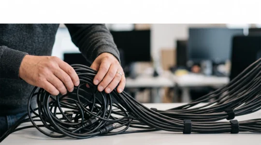 Mains de technicien organisant un enchevêtrement de câbles en un flux net et structuré, symbolisant la transformation d'un support informatique chaotique en un helpdesk efficace