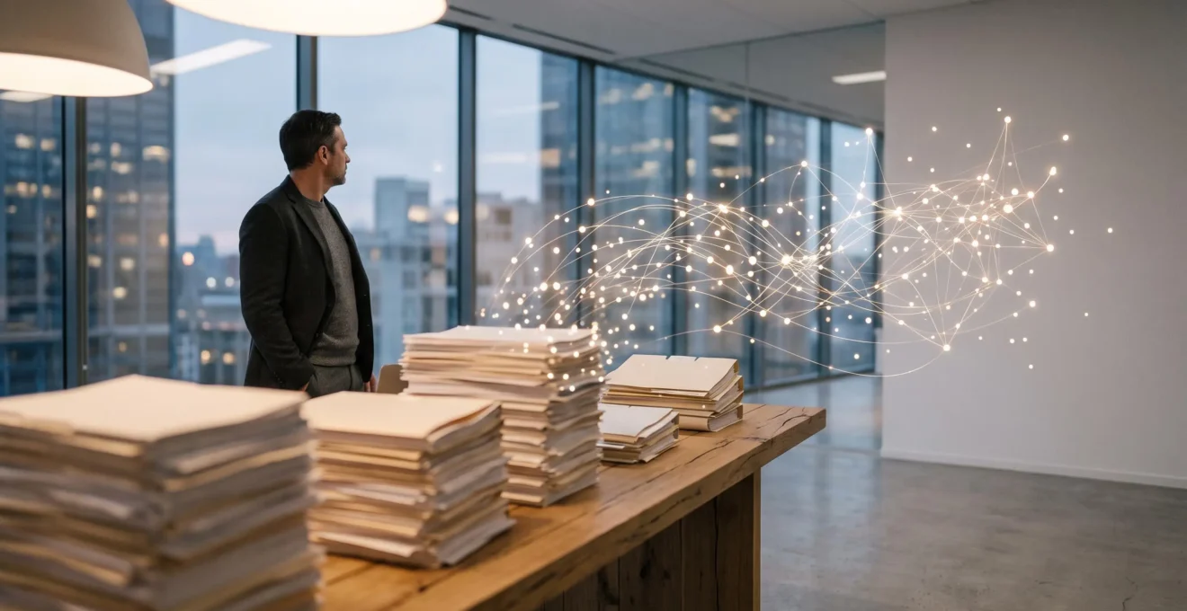 Piles de documents et emails se transformant en un réseau lumineux de connaissances interconnectées dans un bureau moderne