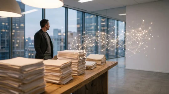 Piles de documents et emails se transformant en un réseau lumineux de connaissances interconnectées dans un bureau moderne