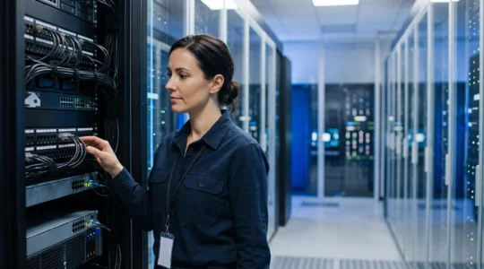Ingenieur reseau supervisant sereinement la bascule vers un nouveau firewall nouvelle generation sans interruption de service
